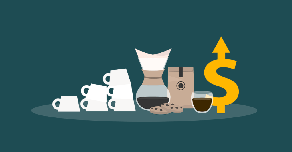 A png image with coffee cups and dollar sign showcasing to Boost Revenue in Coffee Shops